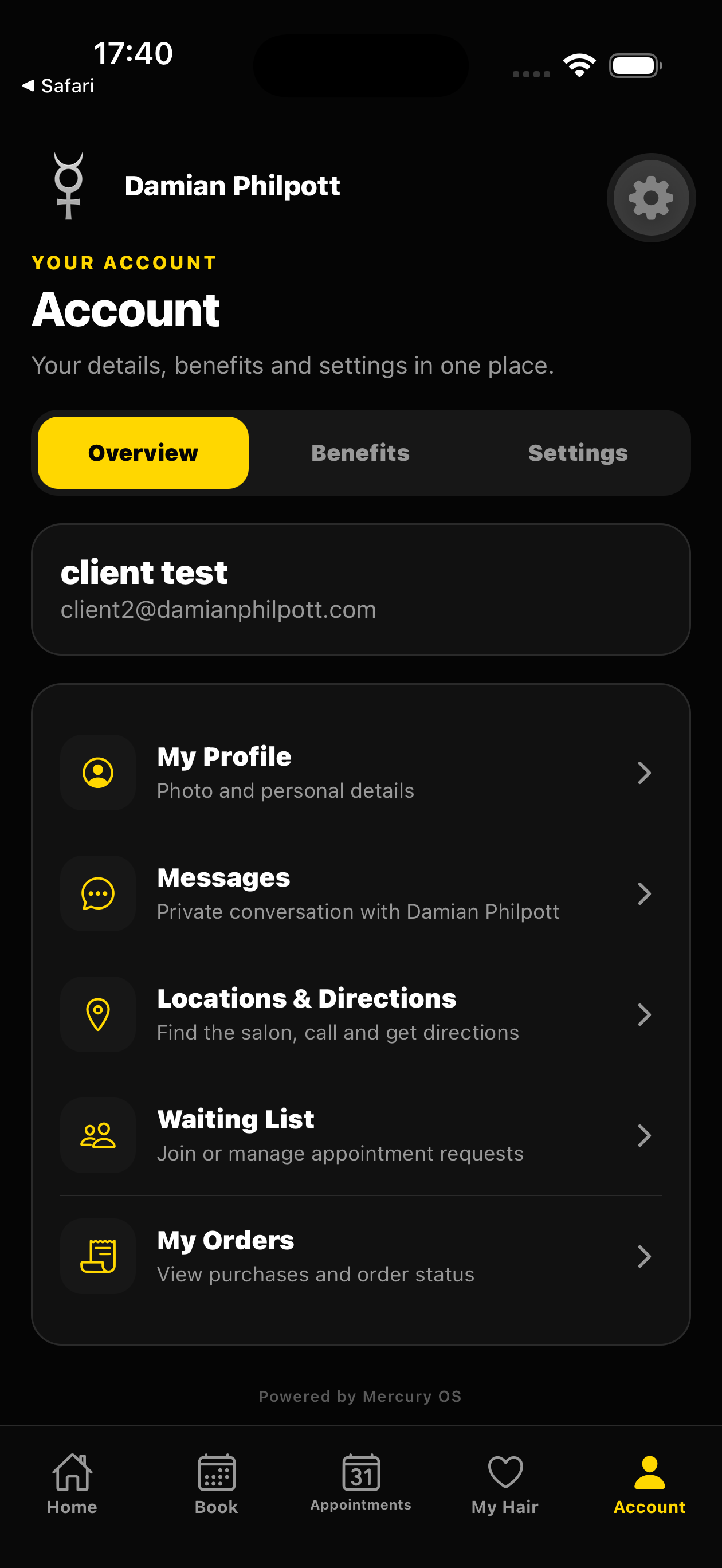 Damian Philpott App Account screen